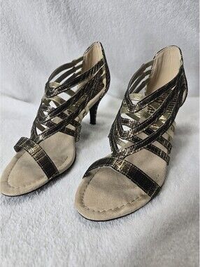 New York Transit Women's Brown/Bronze Strappy 3" Heel Bling Sandal Shoes Sz 8M